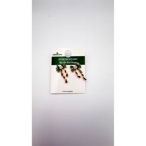 Way To Celebrate St Patricks Day Green Bow Drop Earrings Gold Tone Enamel New